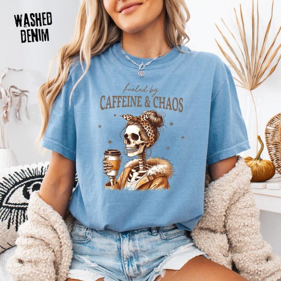 Comfort Colors® Fueled By Caffeine & Chaos Shirt, Funny Mom Skeleton Coffee Tee, Tired Mom Life Graphic Shirt, Trendy Leopard Headband Mom