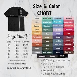 May include: A black t-shirt with a size and color chart. The chart lists sizes XS to XL, with chest measurements from 13.5 to 19.5 inches and lengths from 18.75 to 26 inches. Color options include white, ivory, and black.