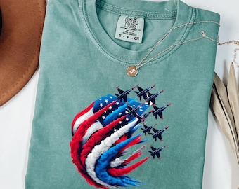 Comfort Colors® Patriotic Fighter Jet Shirt, American Flag Aviation T-shirt, Fourth of July Long sleeve shirt, Air Show USA Youth T-shirt