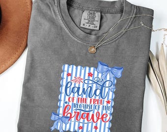 Comfort Colors® Land of the Free Coquette Bow Shirt, Patriotic 4th of July T-Shirt, Long Sleeve Shirt, Youth Shirt,Trendy USA  Aesthetic Tee