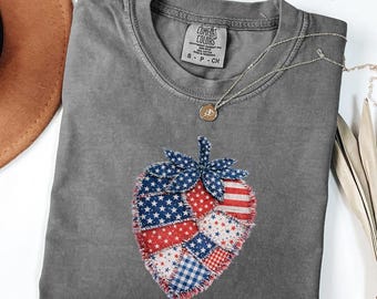 Comfort Colors® Patriotic Strawberry Shirt, USA Flag Patchwork Tee, 4th of July Fruit T-Shirt, Red White Blue Youth Shirt,Summer Long Sleeve