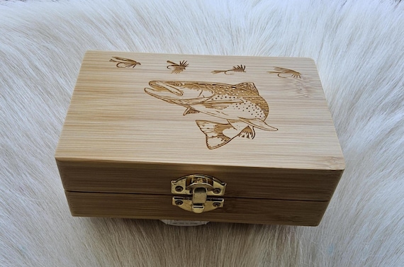 Fly Box.. Bamboo Wood and Engrave Fish Design.  Lock Front. Combo #22 with (32) Dry Trout Flies. Super Special . Free Shipping to USA .