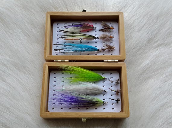 Fly Box..  Bamboo Wood Engrave Fish design With (12) Flies.. Combo #19. Free shipping with tracking number from Canada to USA