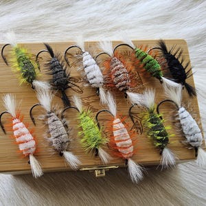 May include: A collection of twelve artificial fishing flies arranged on a rectangular wooden box. The flies feature segmented bodies in various colors including green, black, white, orange, and grey, each equipped with a curved metal hook and fibers.