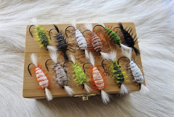 Salmon Flies.. (12) Beautiful Deer Hair Bomber.. In our Wooden  Fly Box.  Free Shipping From Canada to  USA.