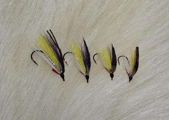 Salmon Flies. Sports Fishing Flies. Doiron's Hand Tied Salmon Flies Combo. (Magog Smelt) Flies, Size #2-4-6-8.  Partridge Hook.  J.C. Eyes