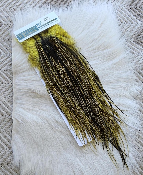 Whiting Saddle Hackle.  Dry Fly Rooster Full Saddle,, Color, Dun Grizzly/ Dyed Yellow ..   Free Shipping. From Canada