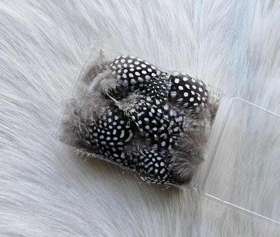 Fly Tying Feather...  (1) Box  Guinea Hen Hackle..  (50) asst. Feather per box  Color,, Natural.