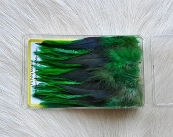 Fly Tying Feather...  Select Schalpen Saddle Hackle (Feather)  (50) Per Box... Color; Kelly Green.