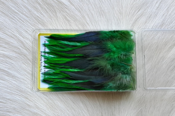 Fly Tying Feather...  Select Schalpen Saddle Hackle (Feather)  (50) Per Box... Color; Kelly Green.