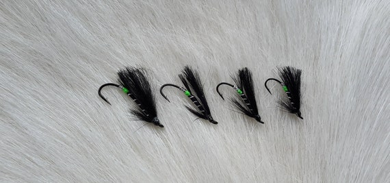 Fly Fishing Flies..  SLS; "Black Bear Green Butt",  Hair Wing Salmon Flies Combo.. (4) Flies. Combo #121.