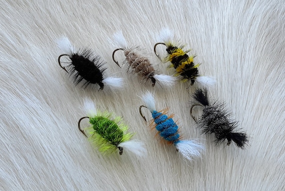 Fly Fishing Flies.. SLS; . (6) Hand Tied Deer Hair Bomber,, with our Bamboo Fly box.... Assorted Colors.