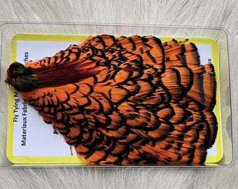 May include: A package of orange and black pheasant tail feathers for fly tying. The package is labeled "Fly Tying Materials Feathers"
