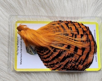 May include: A close-up of a fly tying material package with a brown and orange pheasant tail feather and a yellow and orange feather. The package is labeled "Fly Tying Material" and "Materiaux Fabrication de Mouches".