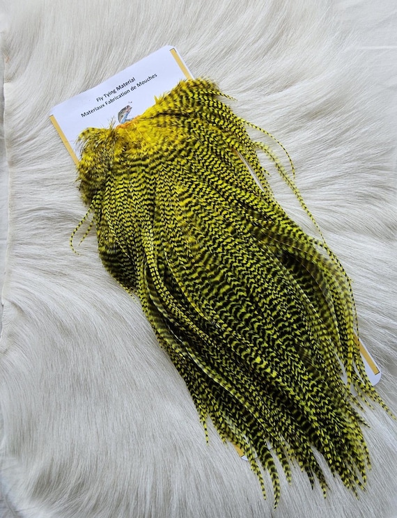 Fly Tying Feather.  SLS;  Rooster Full Saddle,, Color, Grizzly/Dyed Yellow . Fly Tying.   Free Shipping