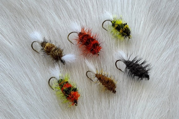 Fly Fishing Flies.. SLS; .  (6) Hand Tied Deer Hair Bugs,,, with  our Bamboo Fly box....  Assorted  Colors.
