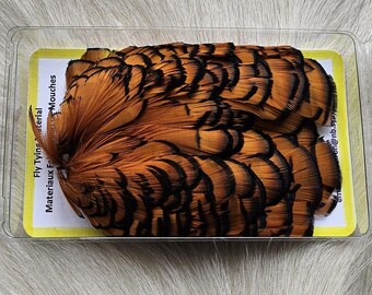 May include: A package of fly tying material, featuring a collection of brown and black feathers. The feathers are arranged in a compact, layered pattern within a clear plastic container. The label reads "Fly Tying Material".