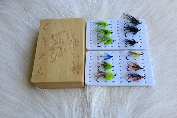 Fly Fishing Fly with Box Combo..  Bamboo Wood design with Logo .. Super Special.