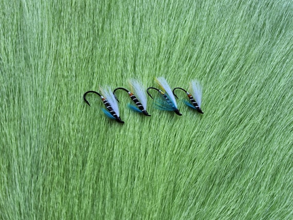 Fly Fishing Flies..  Doiron's "White Wing Blue Charm",  Hair Wing Salmon Flies Combo.. (4) Flies. Combo #122.