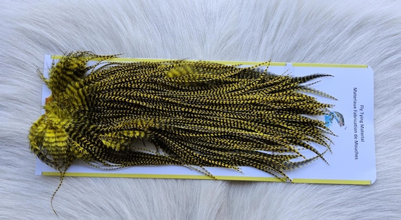 Fly Tying Feather.  SLS;  Rooster  Saddle,, Color, Grizzly/Dyed Bright Yellow. . Fly Tying.