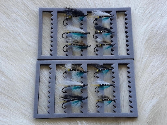 Salmon Flies... (12) Blue Charm Salmon  Flies & Wooden Fly Box Combo.. Super Special. .