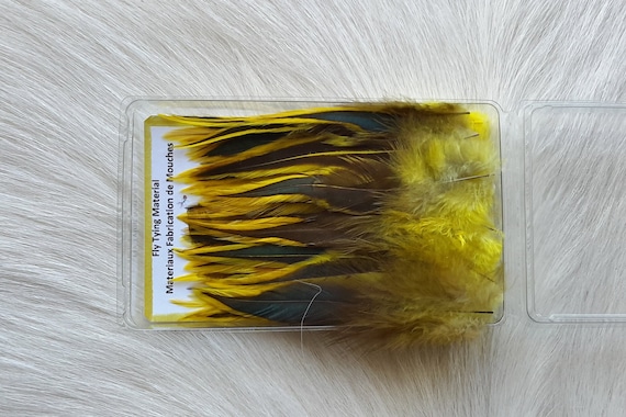 Fly Tying Feather...  Select Schalpen Saddle Hackle (Feather)  (50) Per Box... Color;  Badger, Yellow.