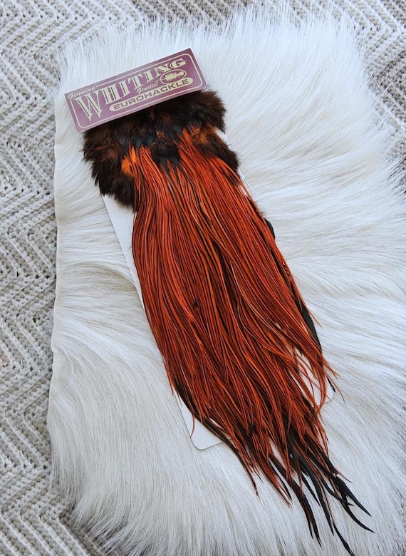 Whiting Euro, Saddle Hackle.  Dry Fly Rooster Full Saddle,, Color, Badger/Orange" ..   Free Shipping. From Canada