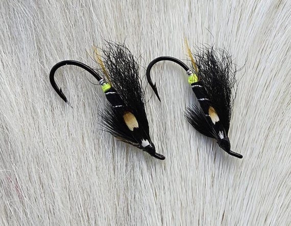 Salmon Flies..  Sports Fishing Flies..  Doiron's Hand Tied Salmon Flies Combo.. (2) Flies, Size #2-4.,,  "Black Bear Green Butt JC Eyes"