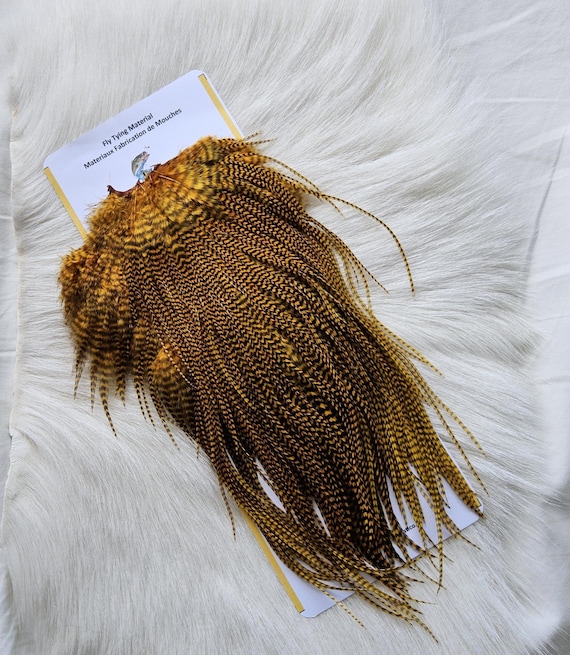 Fly Tying Feather.  SLS;  Rooster Full Saddle,, Color, Grizzly/Dyed Gold . Fly Tying.   Free Shipping