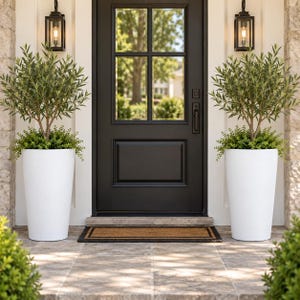 May include: Two tall white tapered planters containing small green olive trees, positioned symmetrically on either side of a black front door with a glass window pane, flanked by two black wall-mounted lanterns on a stone entryway.