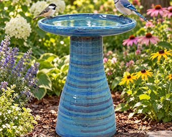 21 Inch Ceramic Bird Bath Outdoor, Hand Glazed Cloud Swirl Birdbath with Shallow Bowl, Decorative Garden Pedestal Bath for Patio Yard