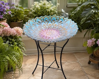 Mosaic Flower Glass Bird Bath, 21 Inch Pedestal Garden Decor