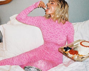 Pink Long Sleeve Full Bodysuit, Turtleneck Seamless