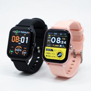 May include: Two smartwatches, one black and one pink, are displayed. The black watch shows the time as 08:01 PM, while the pink watch displays 08:34 AM. Both watches have a square screen and a silicone band. The screens display various metrics.