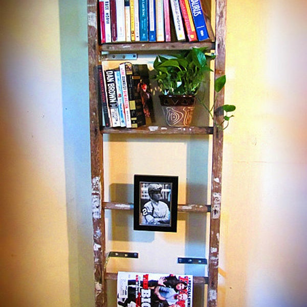 Vintage wooden ladder bookshelf, magazine rack, towel rack