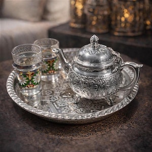 Juego de té marroquí: tetera pequeña de cobre hecha a mano, bandeja plateada grabada y 2 vasos.