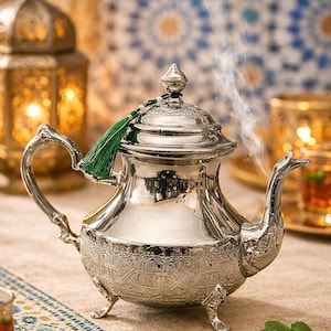 Handmade Copper Moroccan Teapot – Silver Tone, Free Teapot Holder