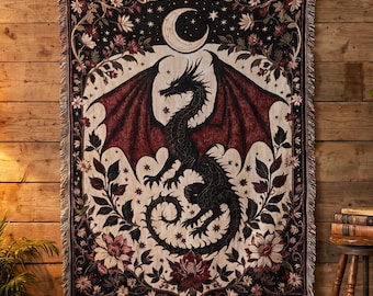 Gothic Dragon Woven Tapestry | Dark Academia Decor | Medieval Fantasy Throw