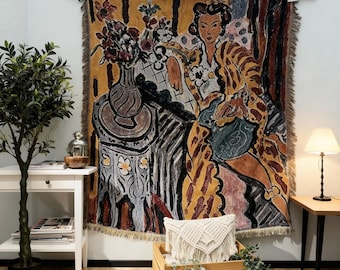 Vintage Matisse-Inspired Woman Woven Tapestry |  Boho Wall Hanging | Decorative Throw | (50x60 inches)