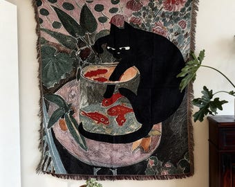 Vintage Black Cat Goldfish Woven Tapestry | Matisse Inspired Wall Art | Vintage Styling