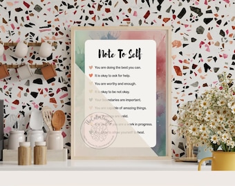 Nota para uno mismo: Lámina decorativa imprimible / Póster de afirmación para el autocuidado / Descarga digital sobre salud mental