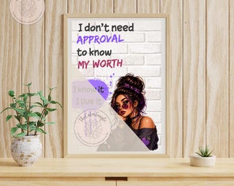 No necesito aprobación (lámina decorativa para pared) / Póster con cita sobre autoestima / Descarga digital para fomentar la confianza