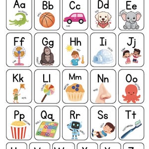 Puede incluir: Tabla del alfabeto con ilustraciones para cada letra. Incluye imágenes de un caimán, pelota, coche, perro, elefante, ventilador, gorila, caliente, iglú, saltar, cometa, piruleta, magdalena, nariz, pulpo, palomitas de maíz, colcha, robot, tonto, cepillo de dientes, arriba, aspiradora, agua, caja, yo-yo y cremallera.