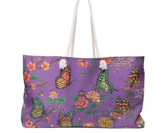 Torba weekendowa w stylu Chinoiserie z fioletowym motylem: torba podróżna w stylu vintage na lato
