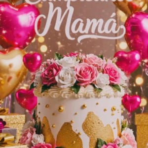 May include: A festive birthday cake with white frosting, gold accents, and a floral arrangement of pink and white roses. The cake is surrounded by pink and gold balloons, and gift boxes. The words "Feliz Cumpleaños Mamá" are displayed.