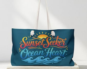 Sunset Seeker Ocean Heart Weekender Bag Beach Tote, Summer Travel Bag, Coastal Carryall