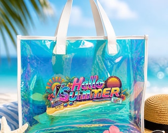 Holographic PVC Beach Bag, Iridescent Color-Shifting Tote, Retro Hello Summer Graphic
