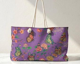 Purple Butterfly Chinoiserie Weekender Bag: Vintage Style Summer Travel Tote