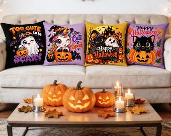 Halloween Throw Pillow, Ghost Cat Unicorn Pumpkin, Double-Sided Fall Decor 16' x 16'
