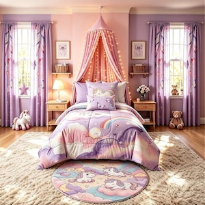 May include: A bedroom featuring a bed with a unicorn and rainbow patterned comforter, a pink canopy with string lights, two wooden nightstands, purple curtains with feather and heart prints, and a round rug with unicorn illustrations.